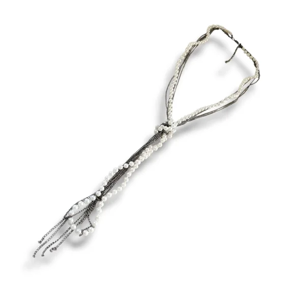 Long Elegant Silver/White Faux Pearl Beaded Knotted Lariat Tassel Necklace - Picture 3 of 12